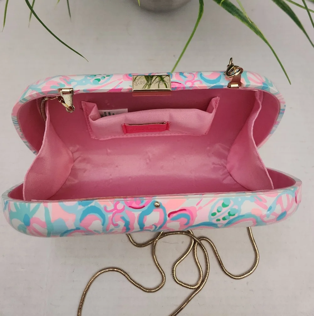Lilly Pulitzer Hardshell Clutch Floral Pastel Crossbody Bag with Gold Chain